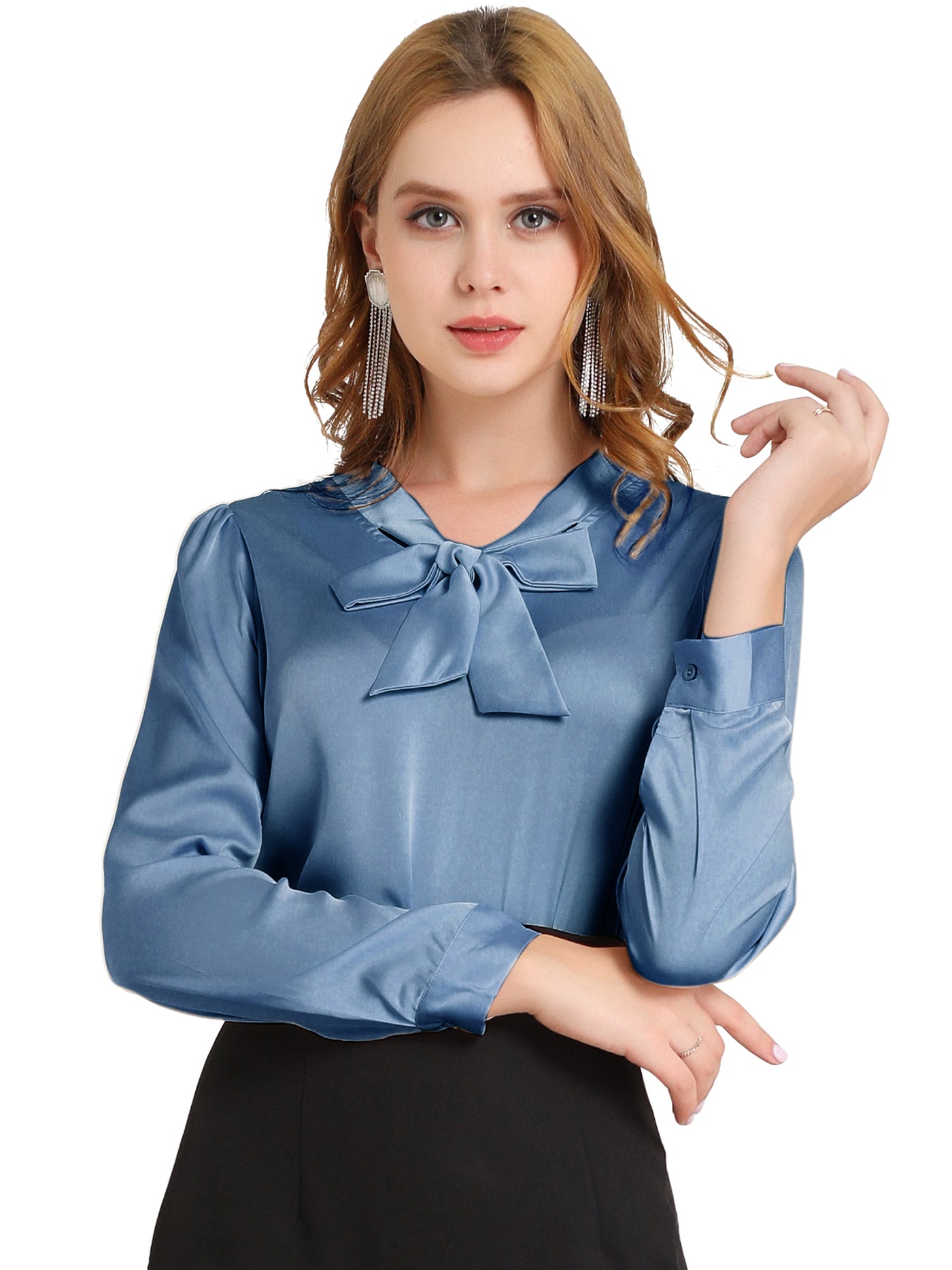 Allegra K Satin Work Office Blouse Tie Neck Business Casual Top