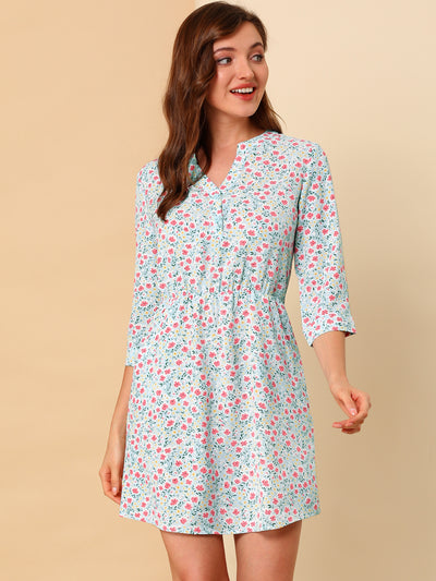 Button-Up V Neck 3/4 Sleeve Floral T-Shirt Dress with Pockets