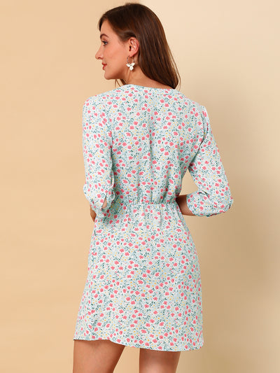 Button-Up V Neck 3/4 Sleeve Floral T-Shirt Dress with Pockets