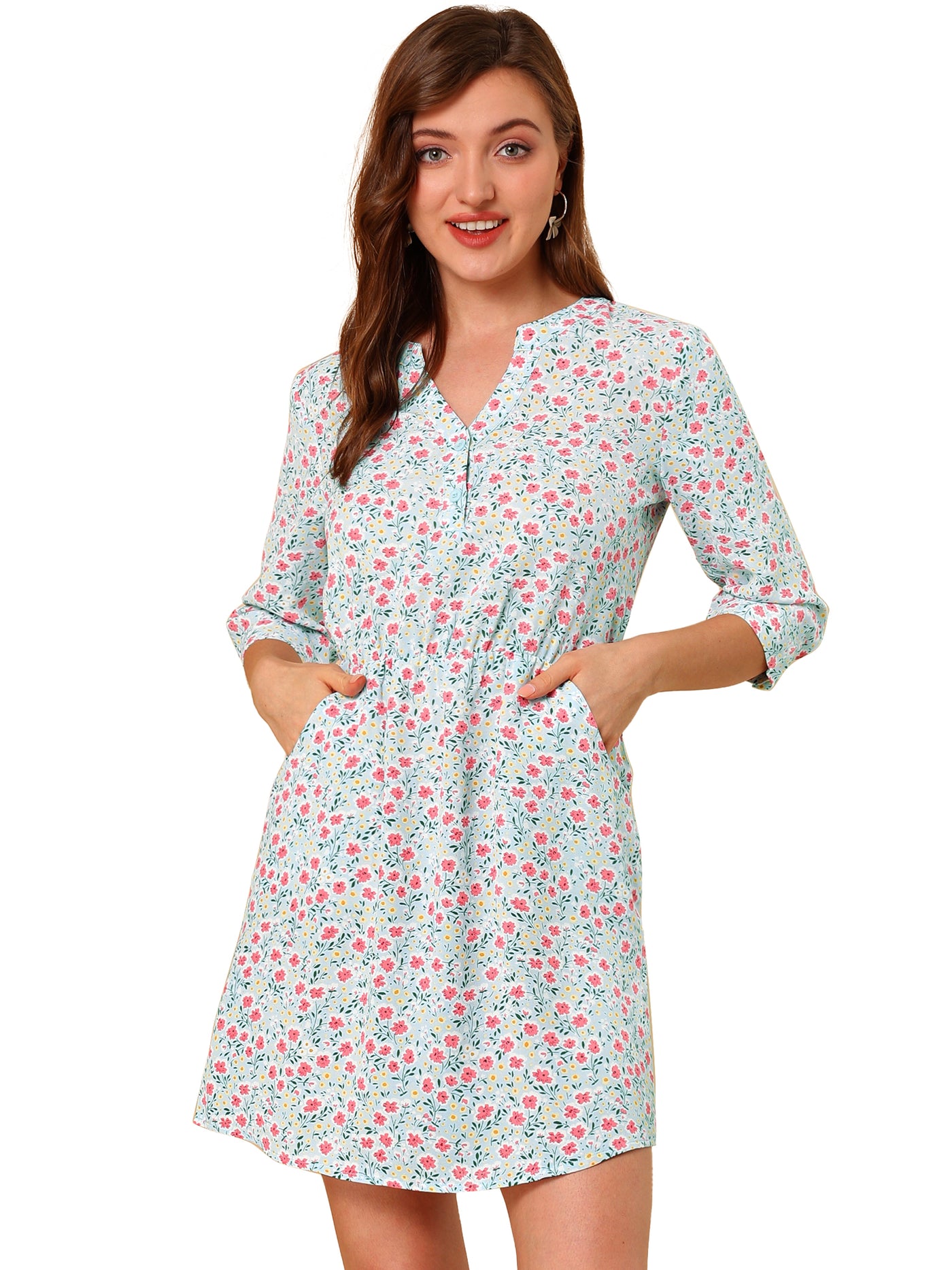 Allegra K Button-Up V Neck 3/4 Sleeve Floral T-Shirt Dress with Pockets