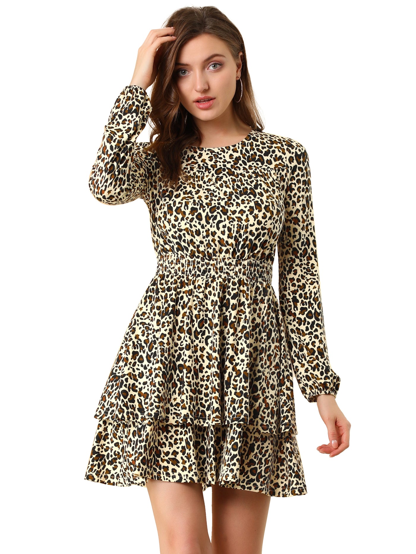 Allegra K Leopard Print Round Neck Smock Waist Long Sleeve Ruffle Mini Dress