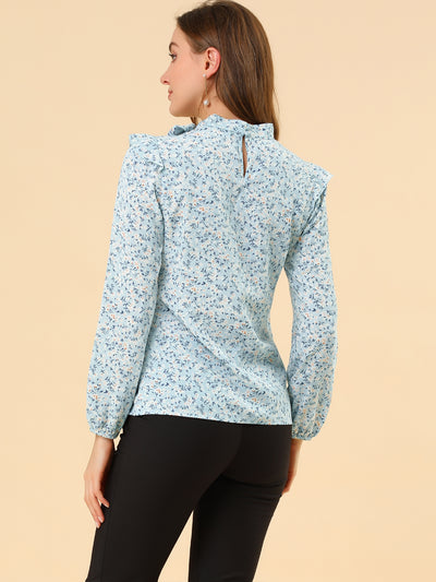 Bow Tie Neck Long Sleeve Floral Ruffled Blouse