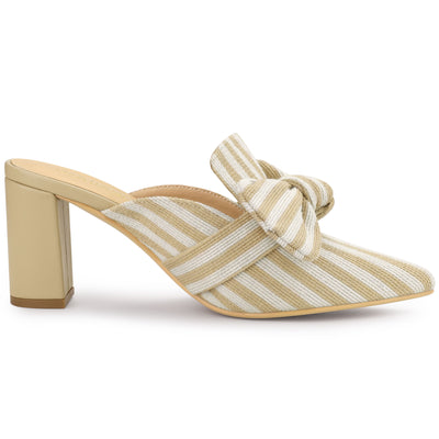 Stripe Bow Pointed Toe Block Heel Slides Mules