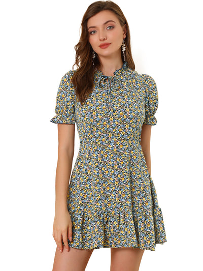 Summer Chiffon Tie Neck Puff Short Sleeve Floral Ruffle Smock Dress