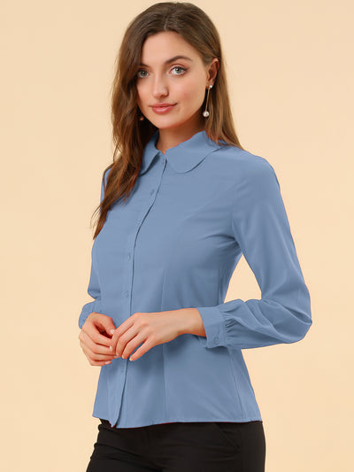 Button Up Peter Pan Collar Long Bishop Sleeve Blouse