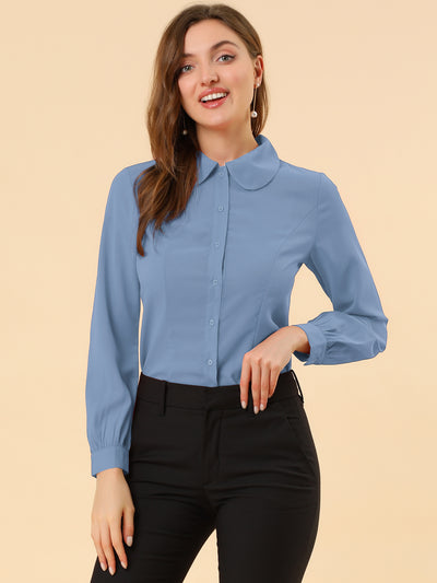 Button Up Peter Pan Collar Long Bishop Sleeve Blouse