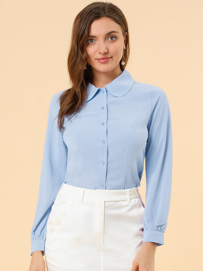 Button Up Peter Pan Collar Long Bishop Sleeve Blouse