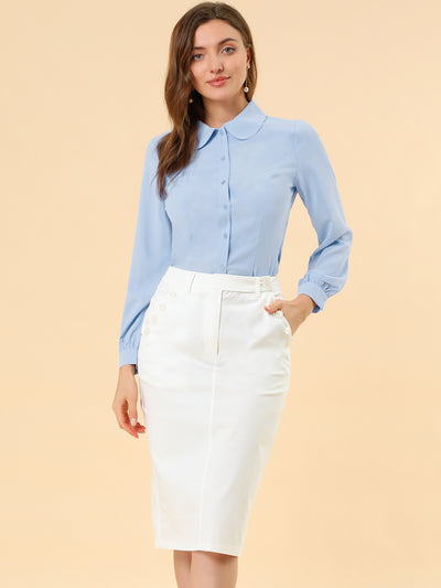 Button Up Peter Pan Collar Long Bishop Sleeve Blouse