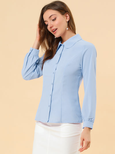 Button Up Peter Pan Collar Long Bishop Sleeve Blouse