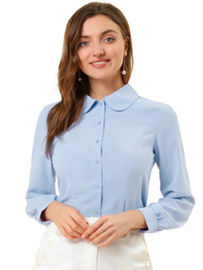 Button Up Peter Pan Collar Long Bishop Sleeve Blouse