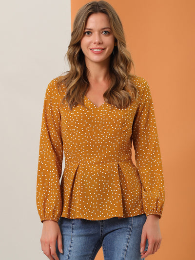 Dots Retro V Neck Long Sleeve Work Peplum Blouse Top