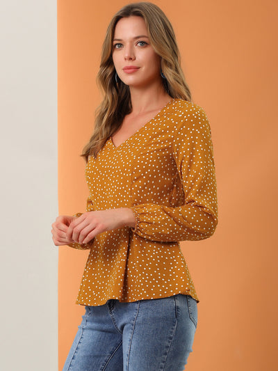 Dots Retro V Neck Long Sleeve Work Peplum Blouse Top