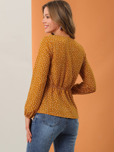 Dots Retro V Neck Long Sleeve Work Peplum Blouse Top