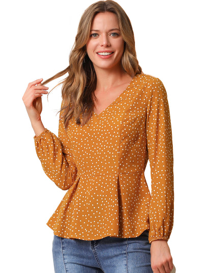 Dots Retro V Neck Long Sleeve Work Peplum Blouse Top