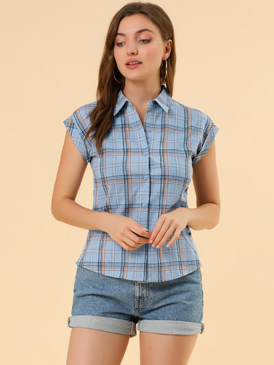 Allegra K Summer Plaid Tops Short Sleeve Button Down Shirt