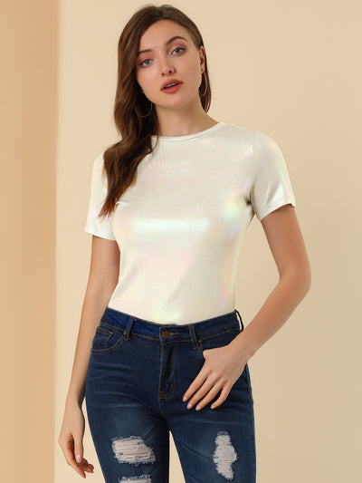 Party Metallic Textured Short Sleeve Shiny Multicolor Top