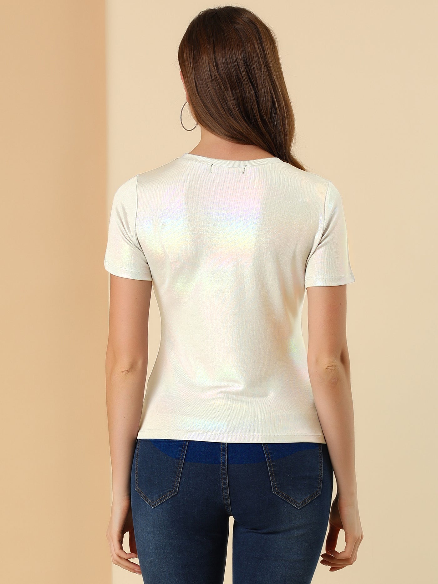 Allegra K Party Metallic Textured Short Sleeve Shiny Multicolor Top