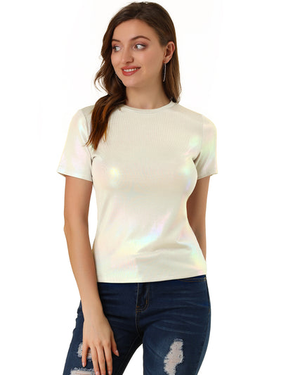 Party Metallic Textured Short Sleeve Shiny Multicolor Top