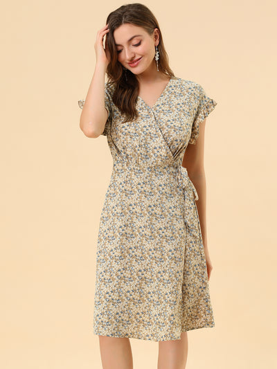 Ditsy Floral V Neck Ruffle Flutter Sleeve Belted Midi Wrap Dress