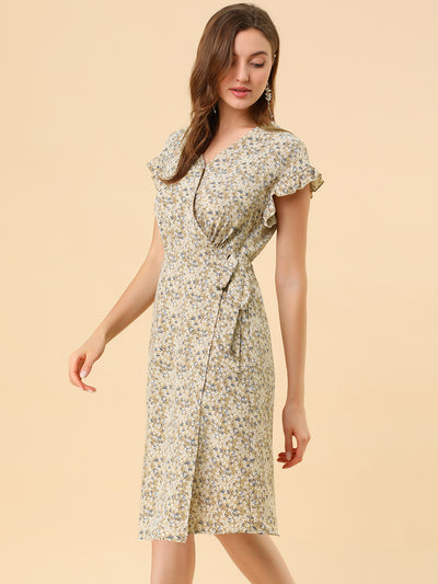 Ditsy Floral V Neck Ruffle Flutter Sleeve Belted Midi Wrap Dress