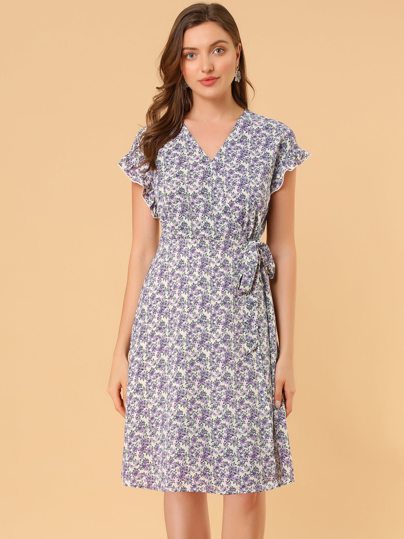 Allegra K Ditsy Floral V Neck Ruffle Flutter Sleeve Belted Midi Wrap Dress