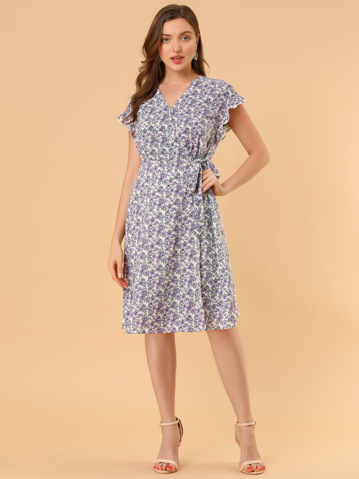 Allegra K Ditsy Floral V Neck Ruffle Flutter Sleeve Belted Midi Wrap Dress