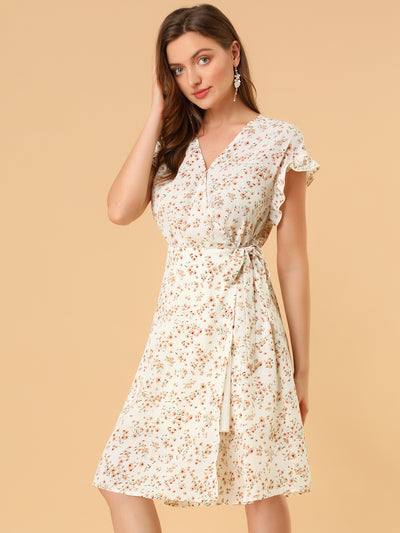 Ditsy Floral V Neck Ruffle Flutter Sleeve Belted Midi Wrap Dress