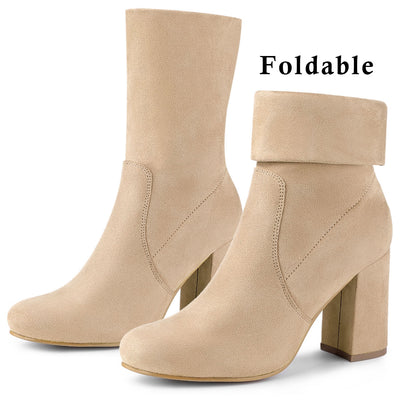 Rounded Toe Block Heel Foldable Ankle Boots