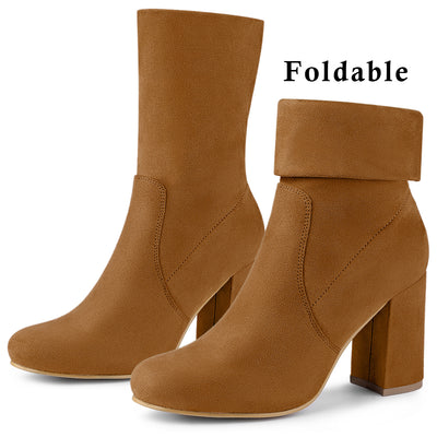 Rounded Toe Block Heel Foldable Ankle Boots