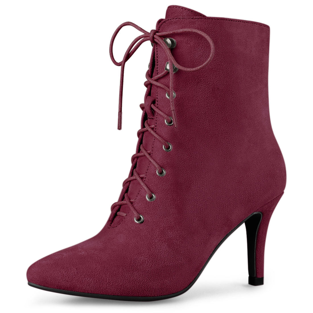 Allegra K Pointy Toe Zip Lace Up Stiletto Heel Ankle Boots