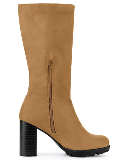 Faux Suede Mid Calf Block Heel Side Zipper Mid-Calf Boots