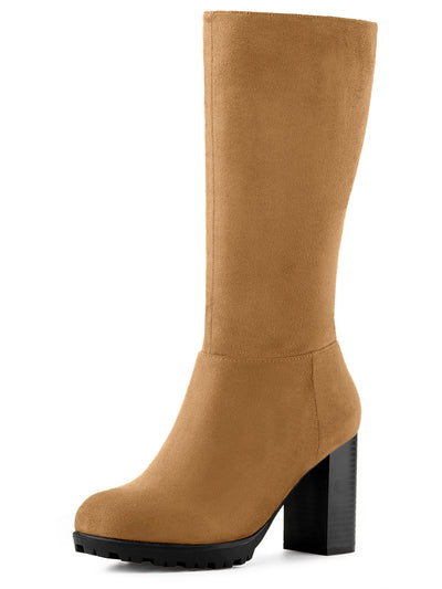 Faux Suede Mid Calf Block Heel Side Zipper Mid-Calf Boots