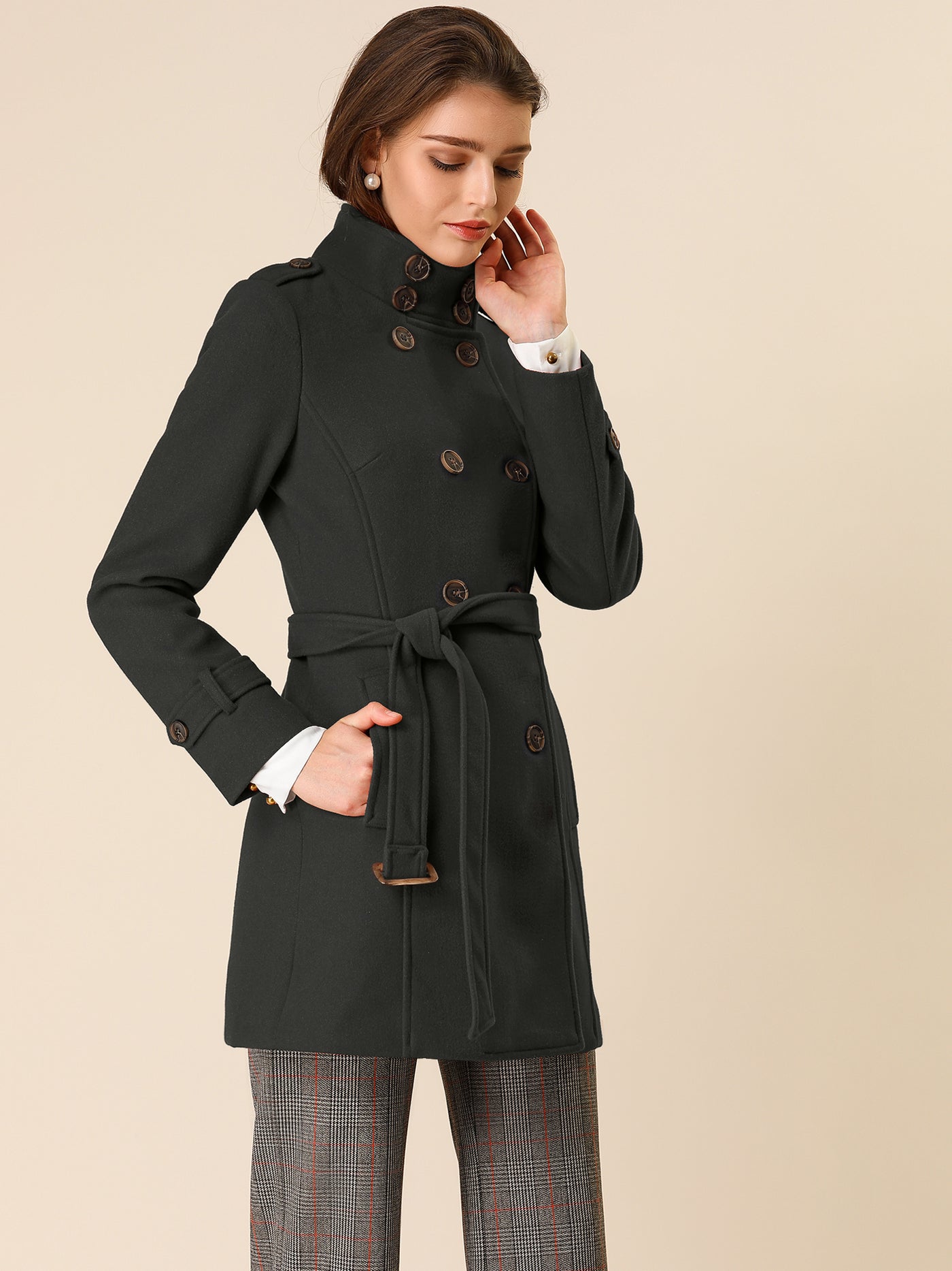 Allegra K Stand Collar Double Breasted Trendy Belted Winter Coat