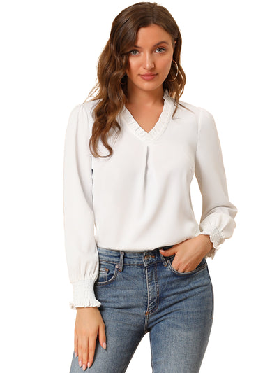 Work Shirt Ruffled V Neck Long Sleeve Workwear Solid Blouse