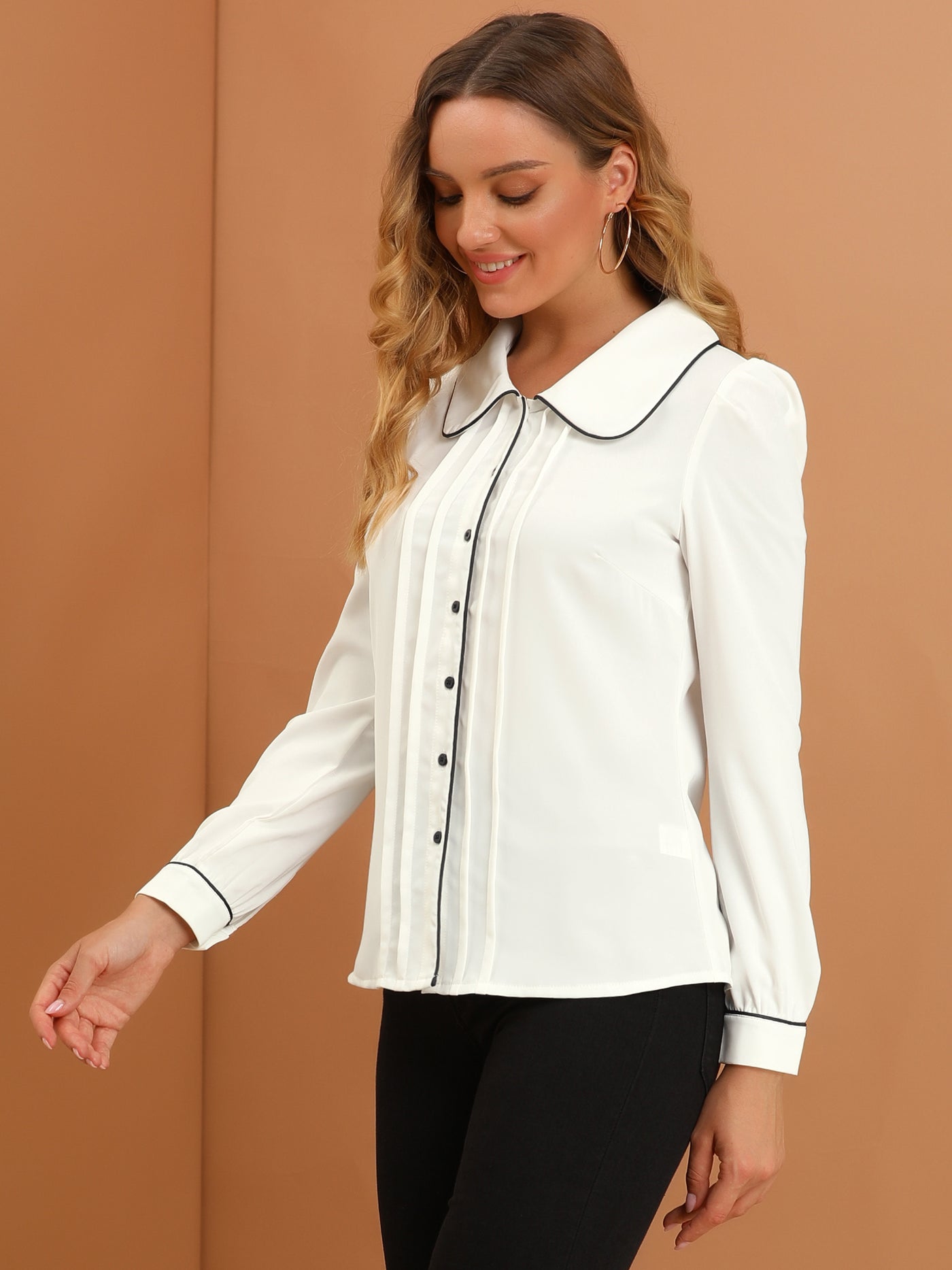 Allegra K Women's Sweet Ruffle Peter Pan Collar Long Sleeves Button Down  Shirt White X-large : Target