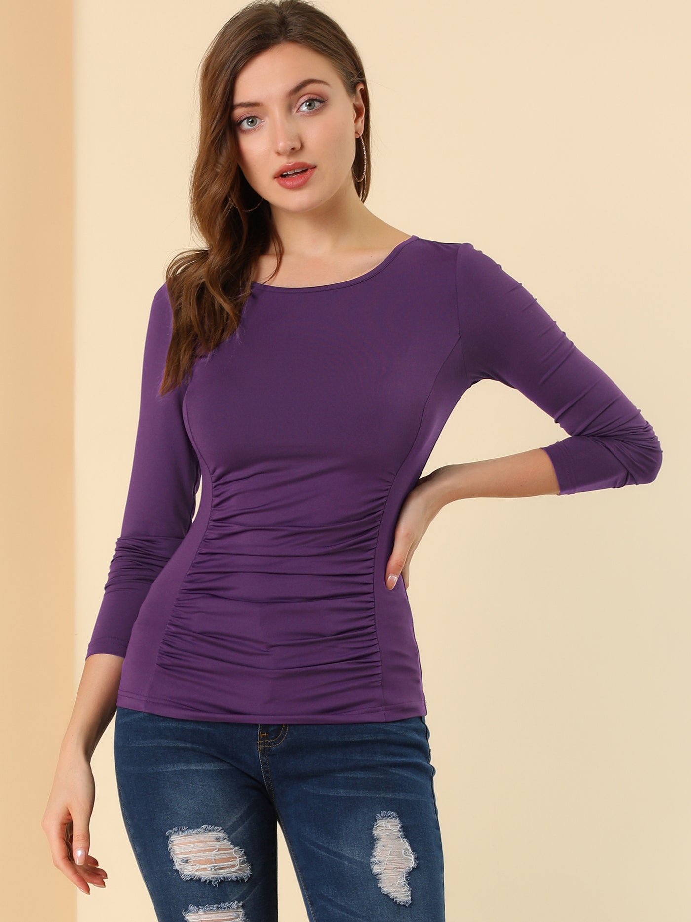 Allegra K Round Neck Long Sleeve Solid Fitted Ruched Top