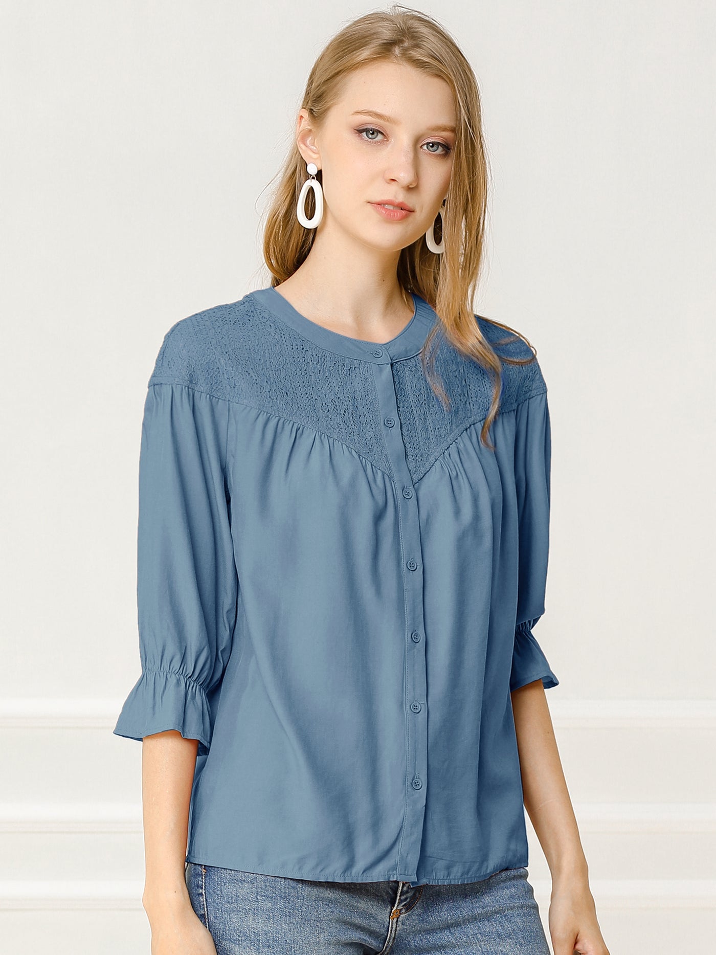 Allegra K Lace Panel Blouse 3/4 Sleeve Round Neck Button Down Shirt