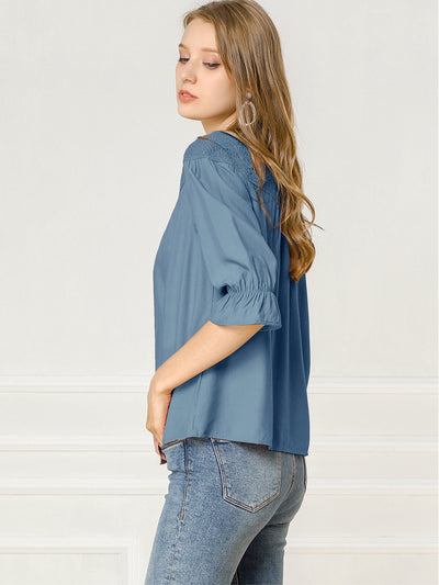 Lace Panel Blouse 3/4 Sleeve Round Neck Button Down Shirt