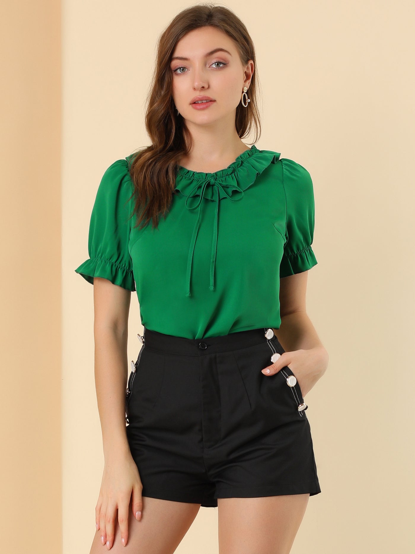 Allegra K Ruffle Tie V NeckPuff Sleeve Ruffle Cuff Casual Blouse