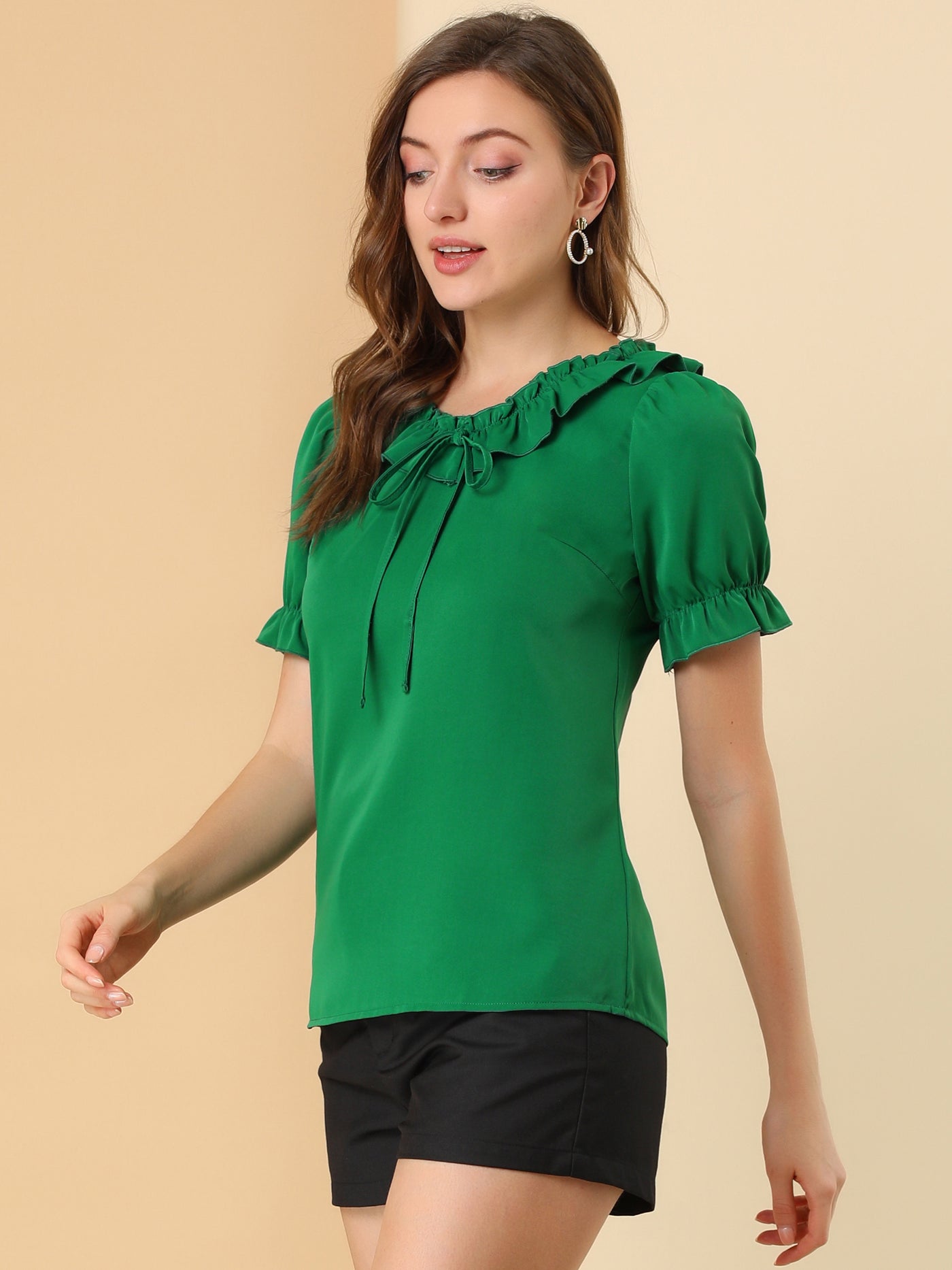 Allegra K Ruffle Tie V NeckPuff Sleeve Ruffle Cuff Casual Blouse