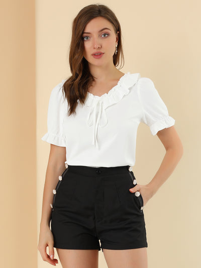 Ruffle Tie V NeckPuff Sleeve Ruffle Cuff Casual Blouse