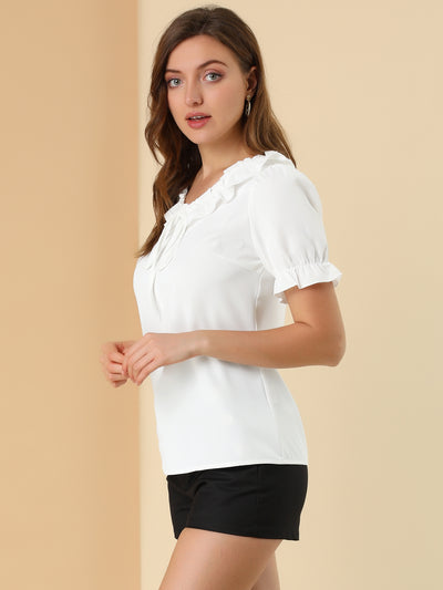 Ruffle Tie V NeckPuff Sleeve Ruffle Cuff Casual Blouse