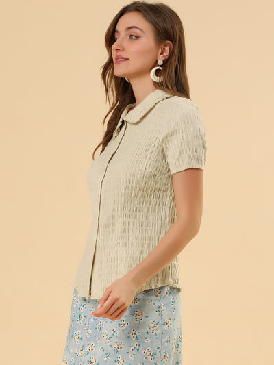 Peter Pan Collar Short Sleeves Textured Button Down Blouse