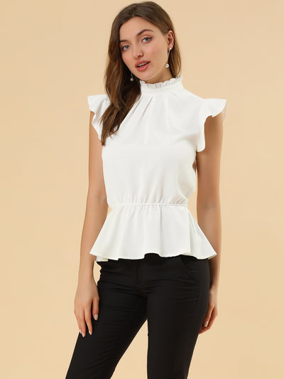 Stand Collar Pleated Frilled Ruffles Solid Sleeveless Peplum Top