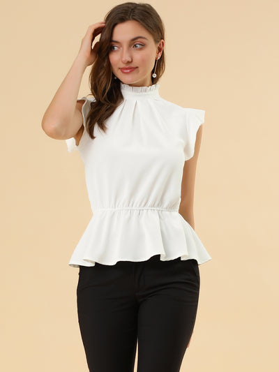 Stand Collar Pleated Frilled Ruffles Solid Sleeveless Peplum Top