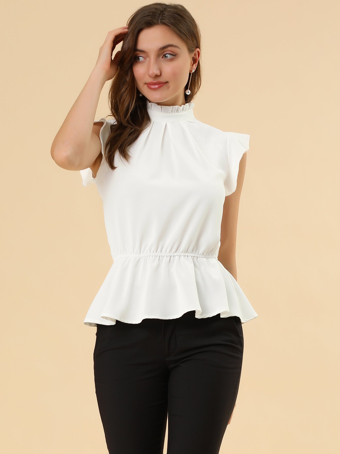 Allegra K Stand Collar Pleated Frilled Ruffles Solid Sleeveless Peplum Top