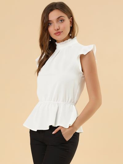 Stand Collar Pleated Frilled Ruffles Solid Sleeveless Peplum Top