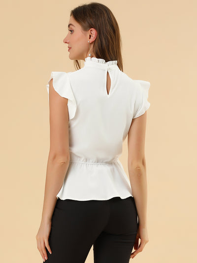 Stand Collar Pleated Frilled Ruffles Solid Sleeveless Peplum Top