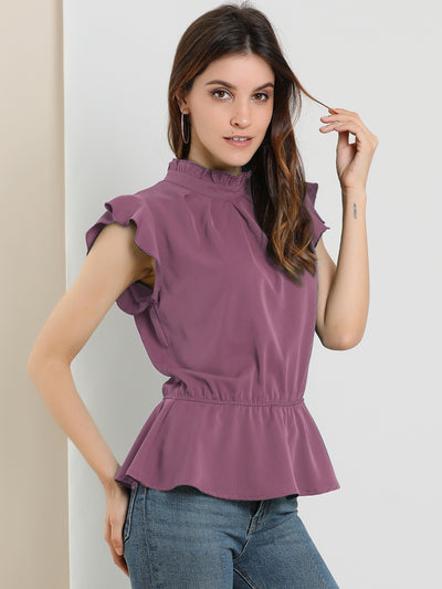 Stand Collar Pleated Frilled Ruffles Solid Sleeveless Peplum Top