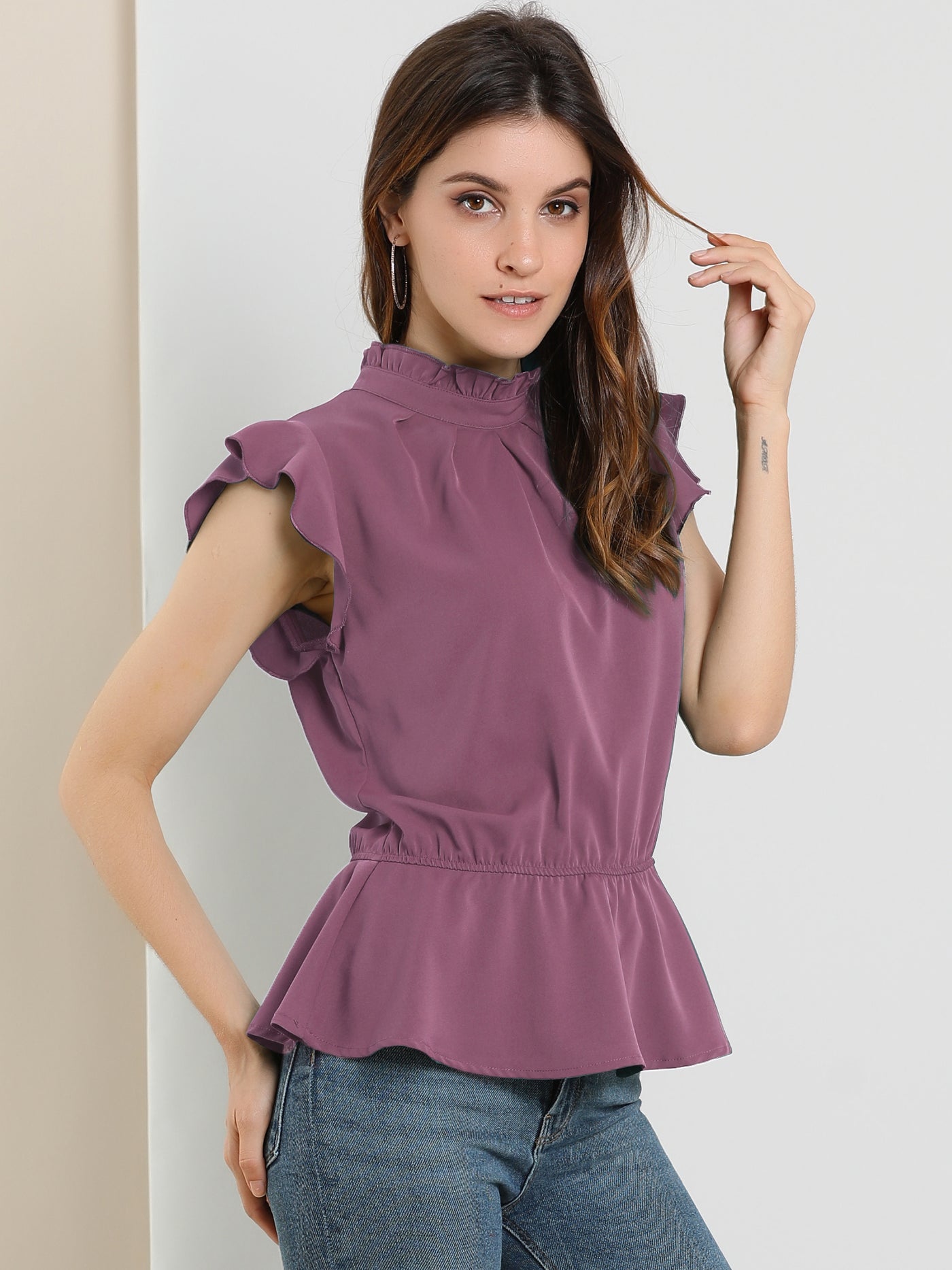 Allegra K Stand Collar Pleated Frilled Ruffles Solid Sleeveless Peplum Top